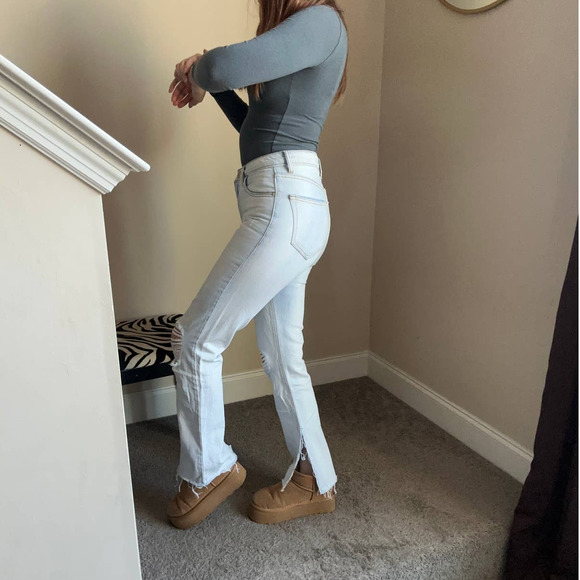 Don't Think Twice light wash distressed flare split hem jeans, size 4 - Picture 3 of 11